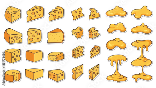 Various types of cheese slices and melted cheese in cartoon illustration style