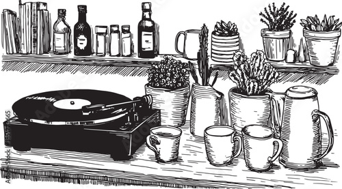 Vinyl record player with cacti and cups on a shelf. Simple black and white vector illustration showing a modern kitchen set.