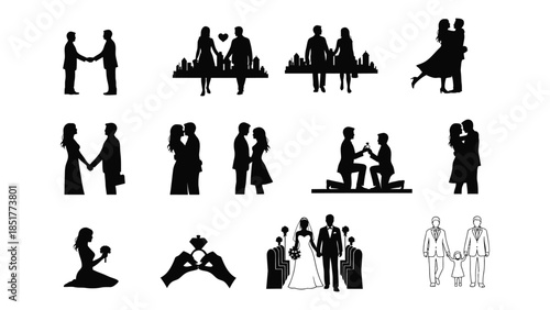 Silhouettes of couples in various poses. vector silhouettes of romantic couple for Valentine's day