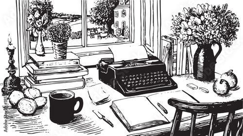 Desk with typewriter and books. Black and white illustration featuring a cozy interior scene with flowers, cup, and window view, vector art.