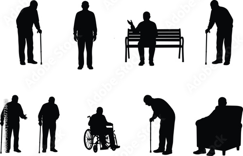Elderly people silhouettes collection, senior citizens activities, walking cane, wheelchair, park bench, aging lifestyle, healthcare, retirement concept vector illustration set
