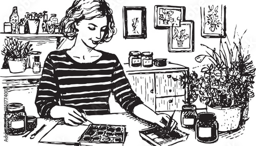 Artist painting at a table with tools. Indoor scene featuring plants and jars in a cozy vector illustration.