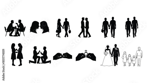 Silhouettes of couples in various poses. vector silhouettes of romantic couple for Valentine's day