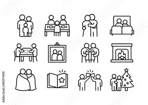 Family Holiday Icons. Family holiday time. Line icon set of Fami