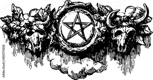 Engraving of a skull and floral elements. Vintage line drawing set featuring a mystical symbol in black and white vector illustration.