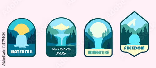 Outdoor Adventure Badge Icons Set – Waterfall National Park Travel Emblems
