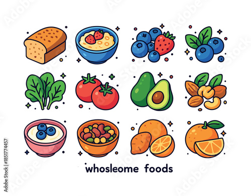 Colorful Wholesome Foods Icons. Wholesome foods. Colorful isomet