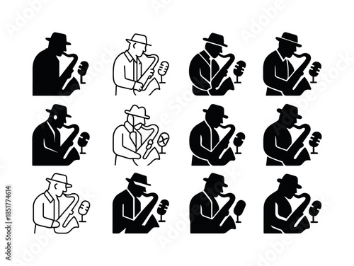Jazz Icon Variations. A jazz musician playing a saxophone in a d