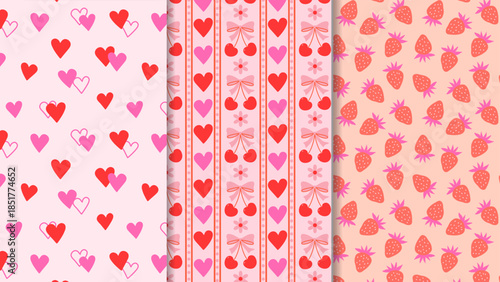 Collection of seamless Valentine's Day patterns with red and pink hearts, vertical cherry and bow stripes, cute strawberries on peach background. Bright romantic vector textures perfect for wrapping