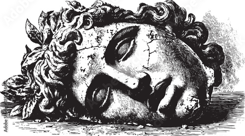 Head of a classical statue with intricate details. This black and white vector illustration showcases vintage art style in a historical context.
