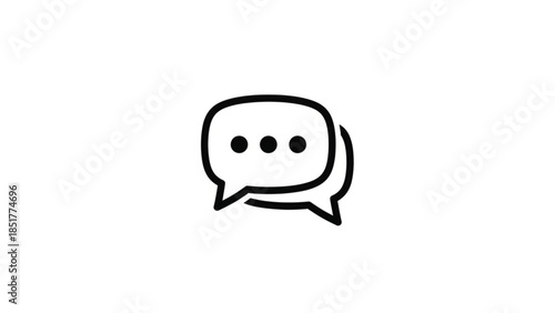 This minimalist vector icon depicts two overlapping speech bubbles, representing an active dialogue or messaging interface. Designed with bold black outlines and three central dots signifying "typing"