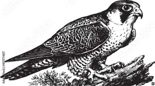 Detailed falcon illustration in black and white. Wildlife vector illustration showcasing the bird in its natural habitat.