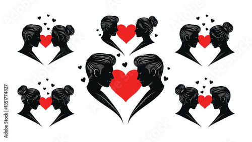 Silhouettes of lovers with hearts, Couples holding hearts silhouettes. silhouettes of girls