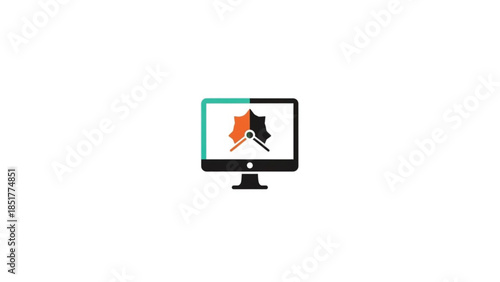 This flat vector icon features a modern desktop computer monitor displaying a stylized orange and black emblem resembling a compass or drafting tool. Framed by a sleek teal and black border.