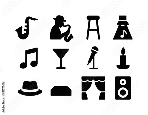 Jazz Icon Collection. A jazz musician playing a saxophone in a d