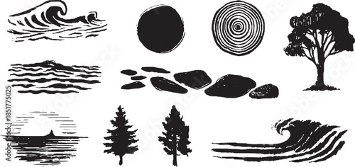 Wave, tree, and sun silhouette on a simple black and white background. Flat vector illustration showcasing natural elements in an artistic set.