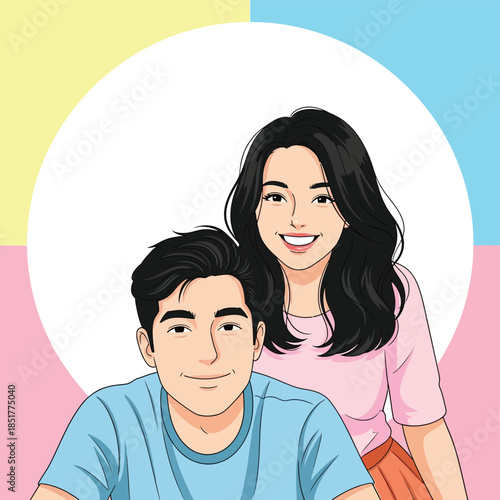 A young couple poses together with bright smiles in a colorful background illustration