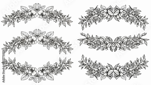 Elegant floral wreaths and borders with botanical elements and blooming flowers.