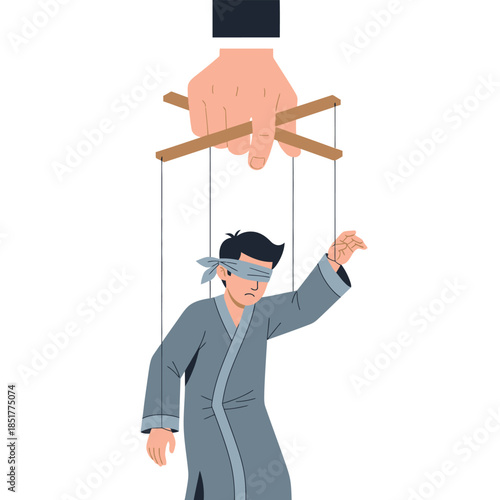 Man Controlled by Strings with Blindfold on, Standing and Raising Hand, Vector Illustration, White Background, Top View
