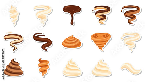 Collection of swirling cream and chocolate dessert toppings, isolated on a white background