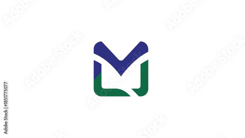 A professional minimalist logo featuring a geometric interpretation of the letter M or a stylized open box in deep blue and forest green. This clean vector icon uses thick and  rounded lines. 