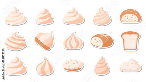 Collection of stylized illustrations depicting various types of baked goods and creamy toppings, ideal for culinary themes