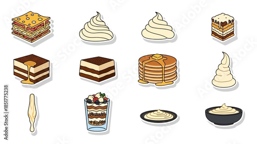 Charming collection of vector food stickers showcasing a delightful assortment of sweet desserts, creamy toppings, and savory dishes, perfect for various culinary graphic design projects