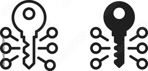 Vector Illustration of Digital Key Icons, Featuring Outline and Black Silhouette Designs for Data Encryption, Network Security, and Access Control
