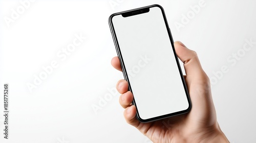 A close-up, isolated shot of a hand holding a modern smartphone with a completely blank white screen. perfect for mockup