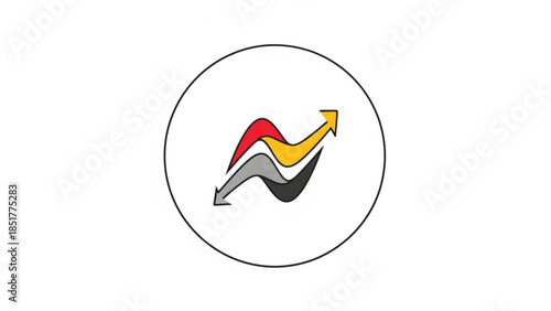 A dynamic financial growth vector icon featuring upward and downward trending arrows within a circular frame. The colorful, layered wave design represents stock market fluctuations, data analysis.