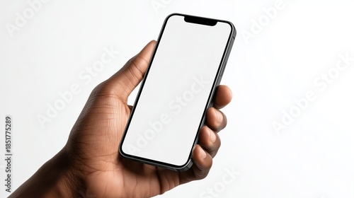 A close-up, isolated shot of a hand holding a modern smartphone with a completely blank white screen. perfect for mockup