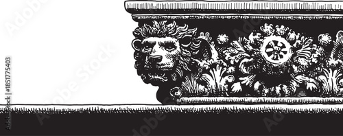Stone lion ornament in classic architecture style. Detailed black and white vector illustration showcasing craftsmanship and design.