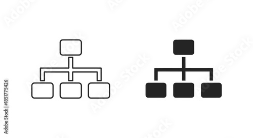 Two contrasting tree diagrams one outlined and one filled displaying hierarchical structures silhouette