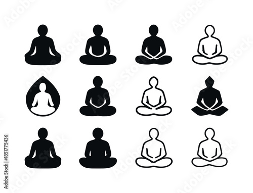 Meditation Icon Set. people meditating or practicing yoga for we