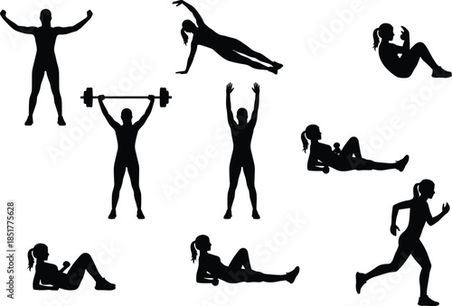 Fitness workout silhouettes set, men women exercising, gym training, strength cardio yoga poses, healthy lifestyle, vector illustration isolated background