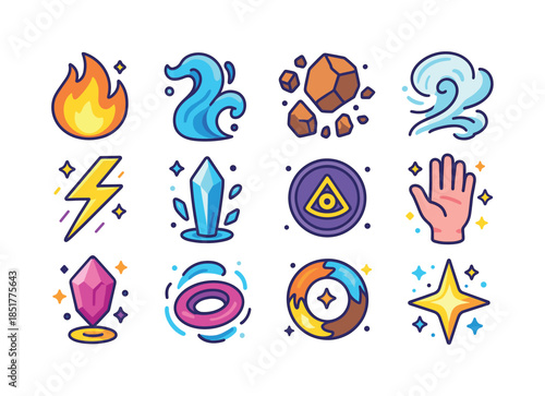 Elemental Magic Icons. Elemental Magic. Colorful isometric vecto