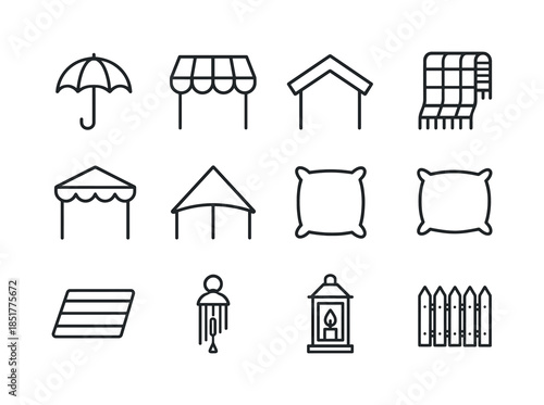 Porch Weather Icons. Porch weather protection. Line icon set of