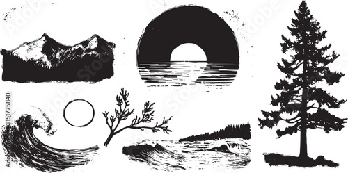 Nature icons set: mountains, sun, tree, and wave in a black and white vector illustration. This design features scenic outdoor elements for visual appeal.
