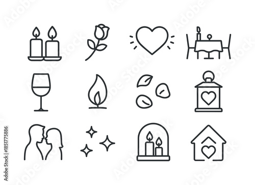 Romantic Candlelight Icons. Romantic candlelight. Line icon set