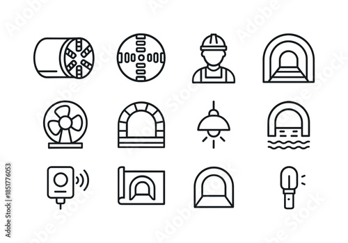 Tunnel Engineering Icons. Tunnel Engineering. Line icon set of T