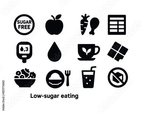 Low-Sugar Diet Icons. Low-sugar eating. Solid icon set of low-su