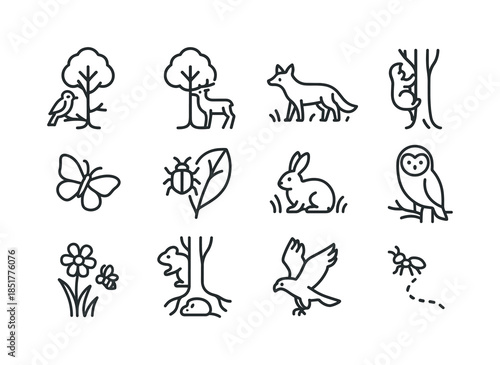 Wildlife Outline Icons. Lone Tree and Wildlife. Line icon set of