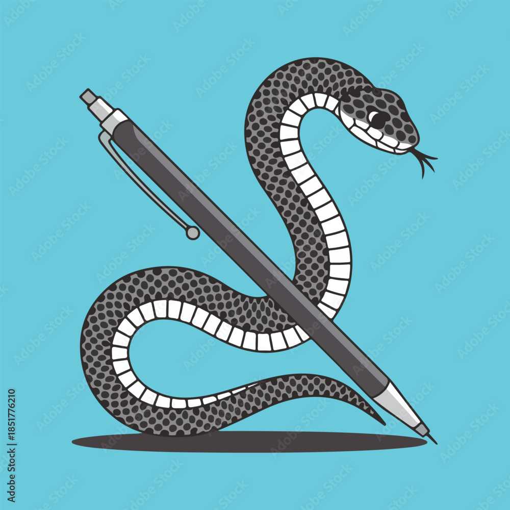 Fototapeta premium Stylized grey snake coiled around a black writing pen.