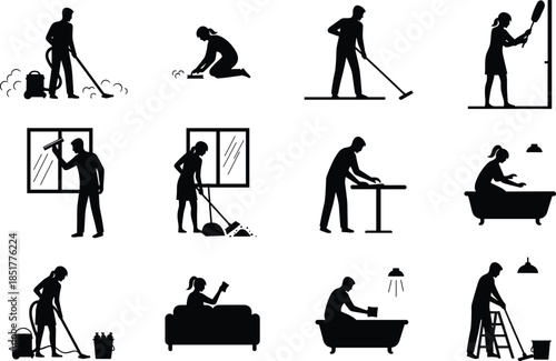 House cleaning silhouettes set with vacuum mopping window washing and ironing isolated on white background for domestic service illustration