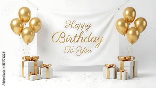 A festive golden gift box decorated with a red ribbon bow sits near a merry Christmas tree adorned with gold ball ornaments and winter snow for a holiday celebration