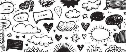 Various cloud shapes and emotive styles in a set. Simple black and white vector illustration featuring doodles and speech bubbles.