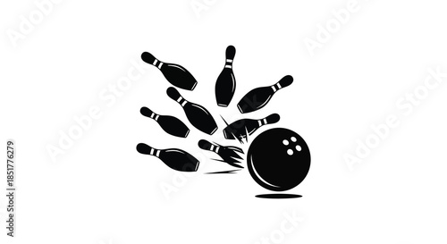 A dynamic bowling strike illustration showcasing pins scattering after impact a black silhouette