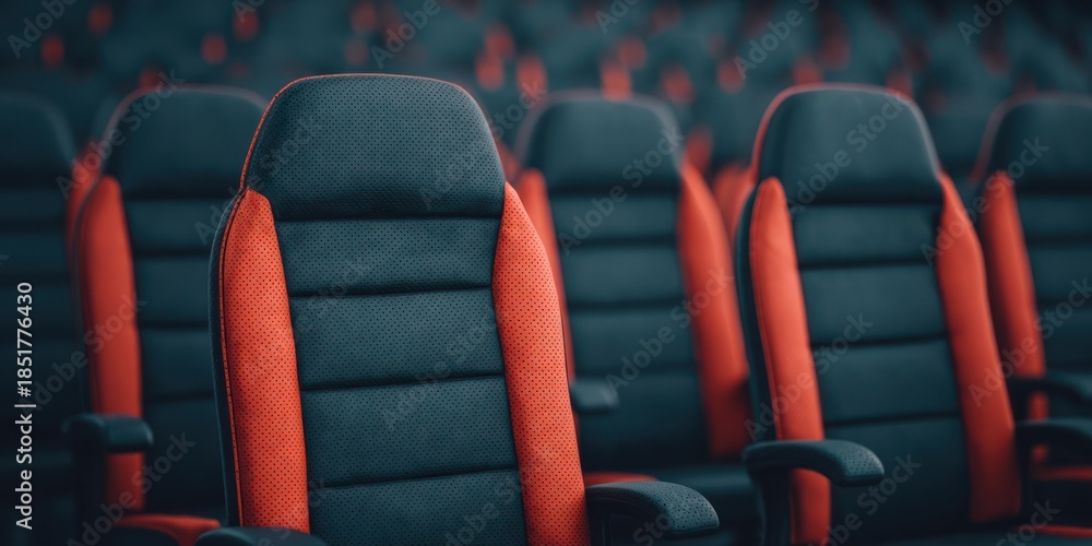 Obraz premium Dark perforated leather high backed seats accented with vibrant orange trim fill the empty auditorium