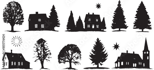 Village icons in winter theme with trees and houses. Simple black silhouette vector illustration set features Nordic design elements.