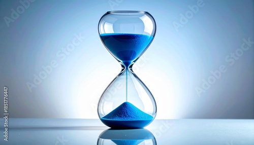 Glass Hourglass with Bright Blue Sand Flowing on a Clean Studio Background Representing Time Management and Deadlines